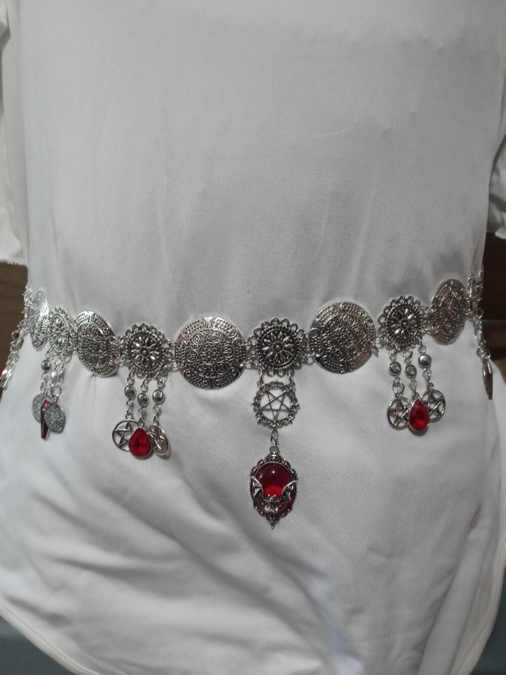 Goth Silver Medallion Belt w/ Red Gem & Bat Charm Details